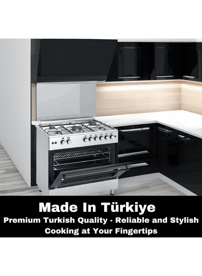 جينيرال جولد طباخ غاز جنرال جولد 90x60 سم، 5 شعلات، إشعال ذاتي مع شعلة ووك، فرن وشواية غاز، باب ثلاثي الزجاج مع مروحة، نظام أمان كامل (FFD)، سطح طهي ثقيل 90 سم - Image 5