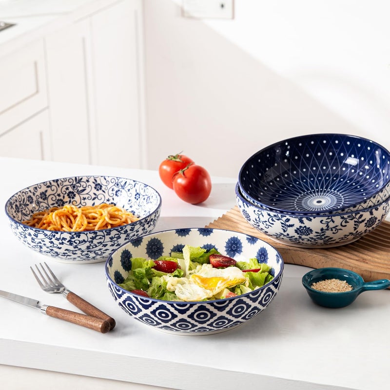 Cerkik Ceramic Large Pasta Bowls  45 OZ Salad Bowls 8 inch Wide Serving Bowls for Soup Dessert Noodle Dinner Fruit Bowls  Microwave Dishwasher Safe  Set of 4  Vintage Blue - Image 2