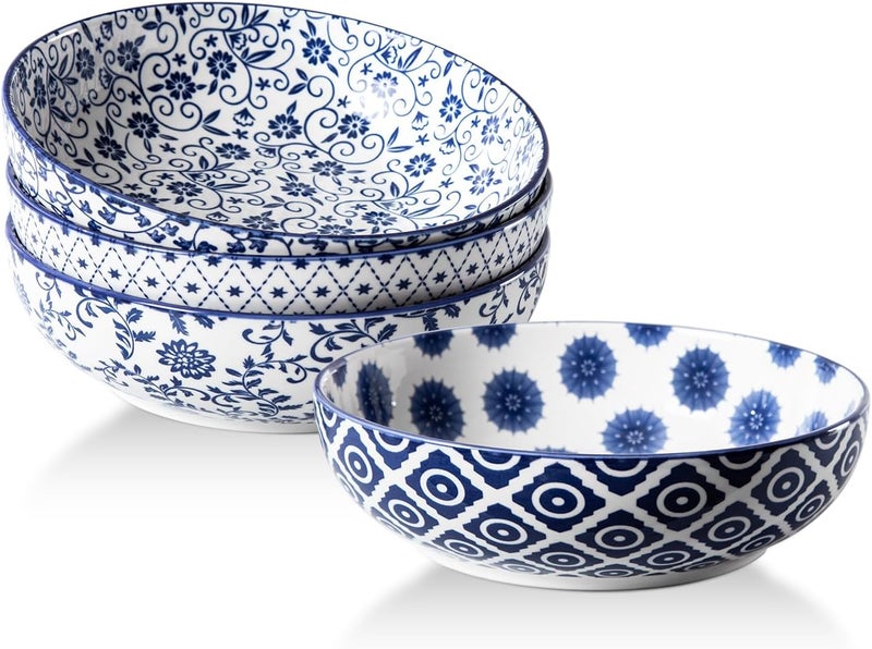 Cerkik Ceramic Large Pasta Bowls  45 OZ Salad Bowls 8 inch Wide Serving Bowls for Soup Dessert Noodle Dinner Fruit Bowls  Microwave Dishwasher Safe  Set of 4  Vintage Blue - Image 1