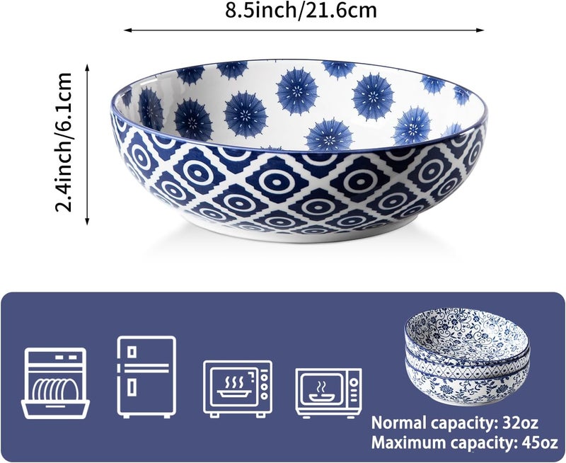 Cerkik Ceramic Large Pasta Bowls  45 OZ Salad Bowls 8 inch Wide Serving Bowls for Soup Dessert Noodle Dinner Fruit Bowls  Microwave Dishwasher Safe  Set of 4  Vintage Blue - Image 4