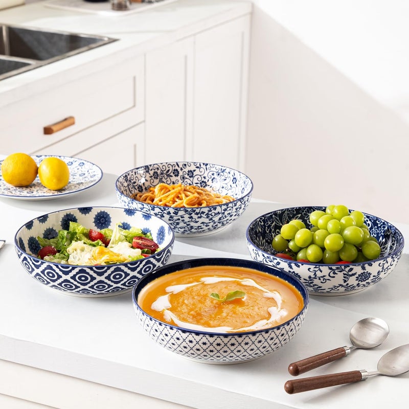 Cerkik Ceramic Large Pasta Bowls  45 OZ Salad Bowls 8 inch Wide Serving Bowls for Soup Dessert Noodle Dinner Fruit Bowls  Microwave Dishwasher Safe  Set of 4  Vintage Blue - Image 3