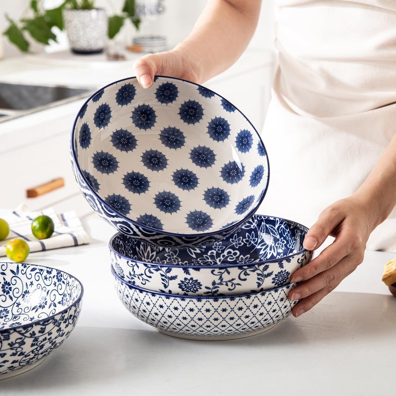 Cerkik Ceramic Large Pasta Bowls  45 OZ Salad Bowls 8 inch Wide Serving Bowls for Soup Dessert Noodle Dinner Fruit Bowls  Microwave Dishwasher Safe  Set of 4  Vintage Blue - Image 5