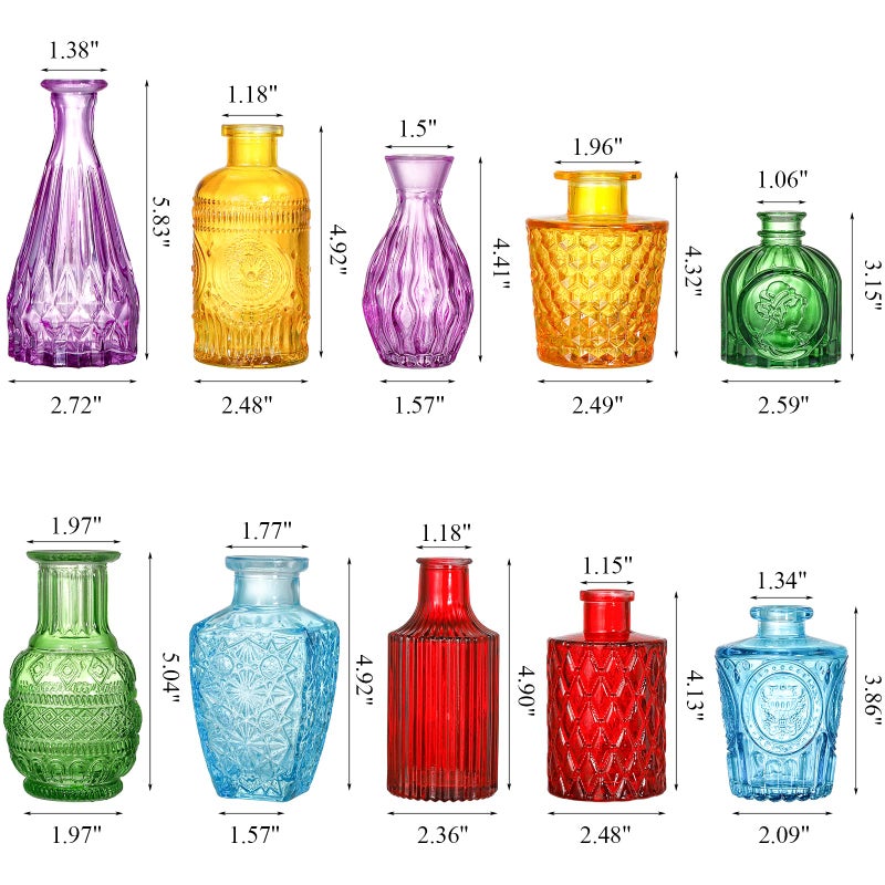 Coloch مجموعة Coloch من 10 مزهريات براعم ملونة متنوعة من الزهور الزجاجية الصغيرة المزهريات عتيقة مزهرية زهرية الأزهار المنحوت - Image 2