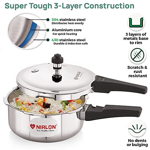 NIRLON Triply Stainless Steel Outer Lid Pressure Cooker/Compatible with Gas & Induction, 2 Litres - Image 4