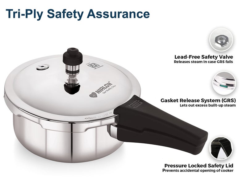 NIRLON Triply Stainless Steel Outer Lid Pressure Cooker/Compatible with Gas & Induction, 2 Litres - Image 2