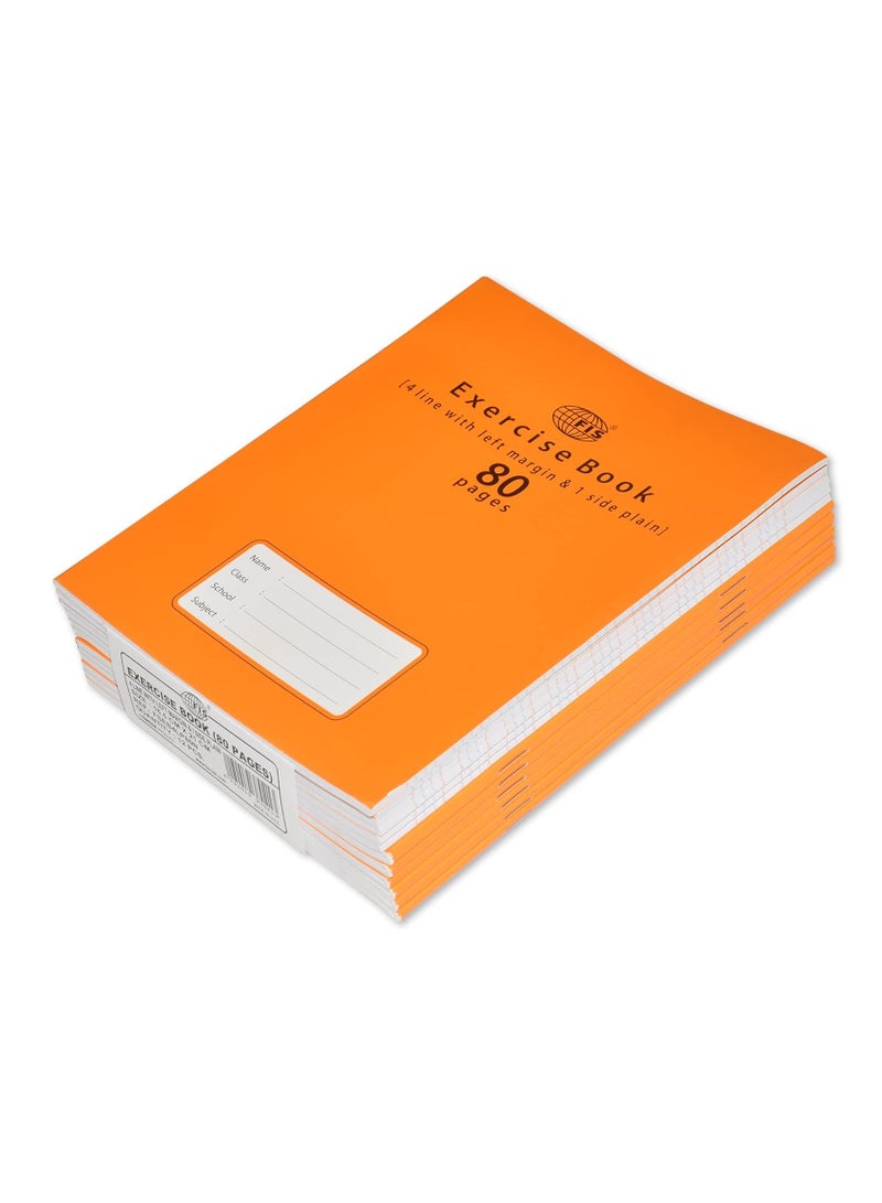 FIS Exercise Book, Size 165x210mm, 40 Sheets, 80 Pages, 4 Line with Left Margin & 1 Side Plain, Packet of 12 Pieces, Neon Orange Cover-FSEB4LP80N - Image 1