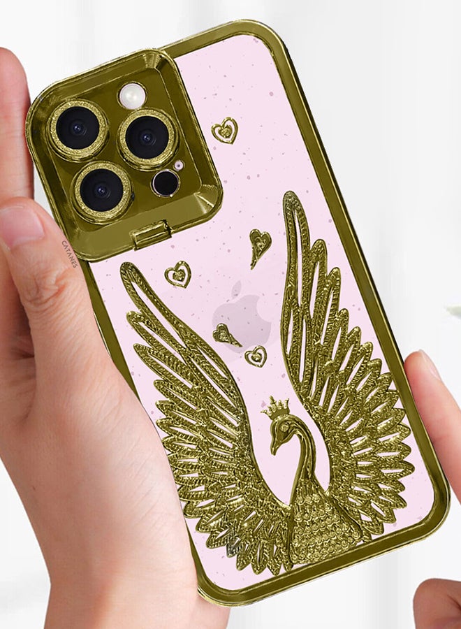 CATANES iPhone 15 Pro Max Bling Case Peacock Glitter Hard TPU Shockproof Protection Cover With Kickstand for Women Girls Gold - Image 4