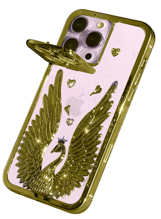 CATANES iPhone 15 Pro Max Bling Case Peacock Glitter Hard TPU Shockproof Protection Cover With Kickstand for Women Girls Gold - Image 1