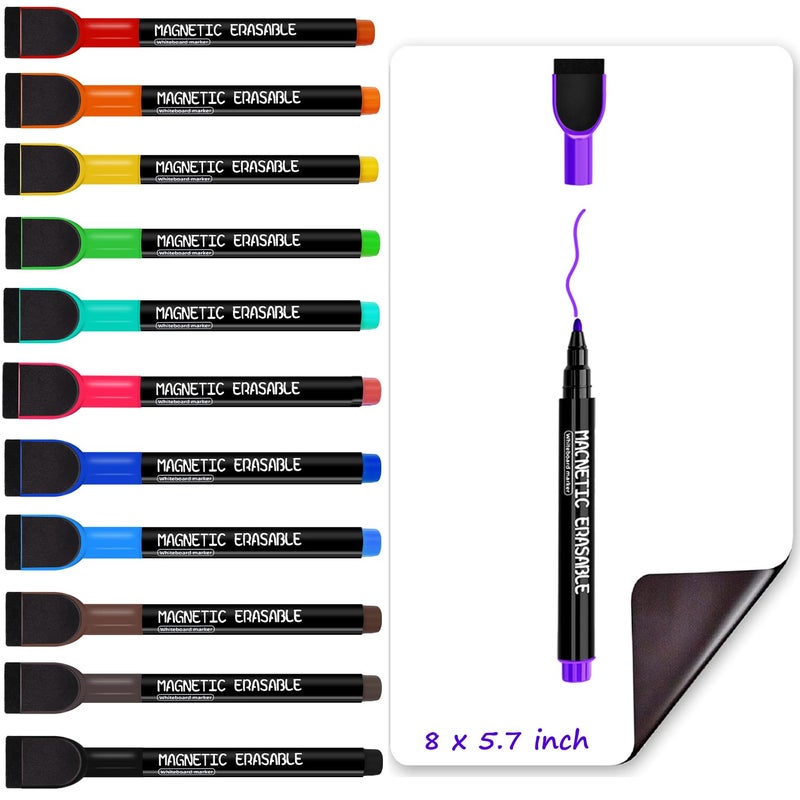 PRZRU Magnetic Dry Erase Markers Fine Tip - 12 Colors Whiteboard Markers with Eraser Cap, Low Odor Thin Dry Erase Markers for Kids Teachers, Work On White board & Calendar, Refrigerator - Image 1