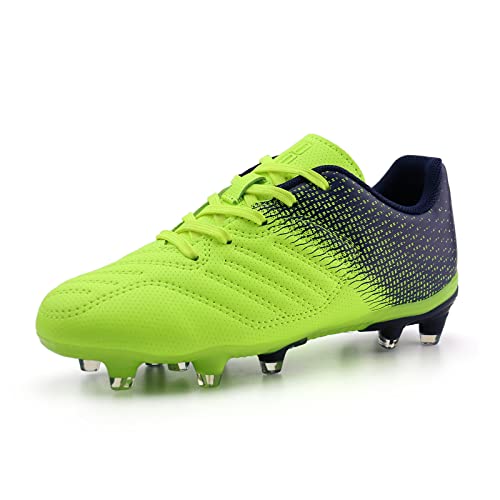 brooman Kids Soccer Cleats Boys Girls Athletic Outdoor Football Shoes (12,Lime Navy) - Image 1