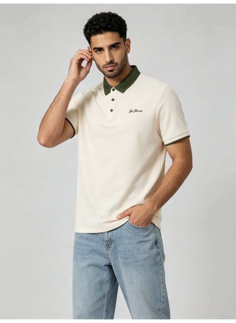 بين شيرمان Ben Sherman Men’s Cream Contrast Olive Collar Embroidered Short Sleeve Polo Shirt - Image 4