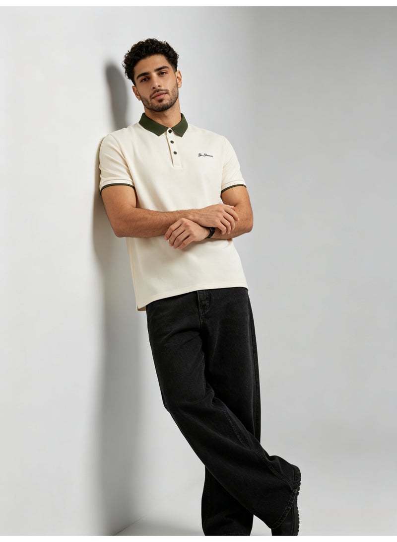 بين شيرمان Ben Sherman Men’s Cream Contrast Olive Collar Embroidered Short Sleeve Polo Shirt - Image 2