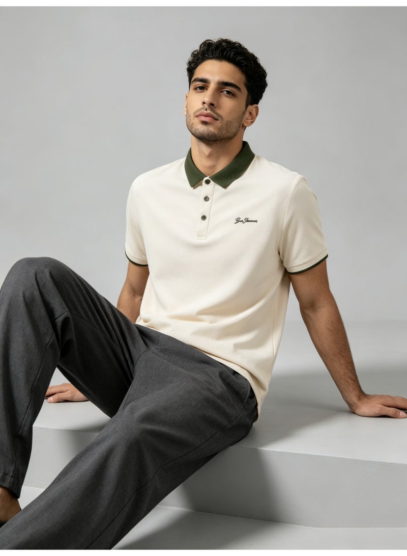 بين شيرمان Ben Sherman Men’s Cream Contrast Olive Collar Embroidered Short Sleeve Polo Shirt - Image 3