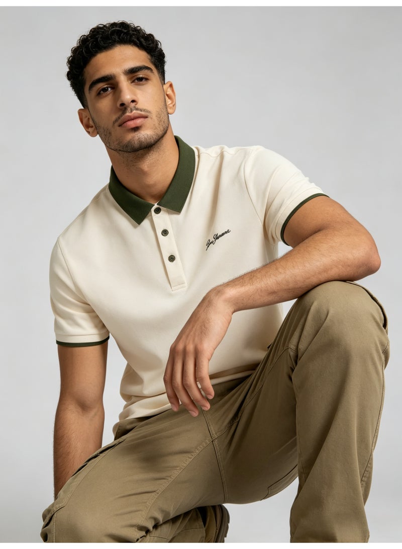 بين شيرمان Ben Sherman Men’s Cream Contrast Olive Collar Embroidered Short Sleeve Polo Shirt - Image 1