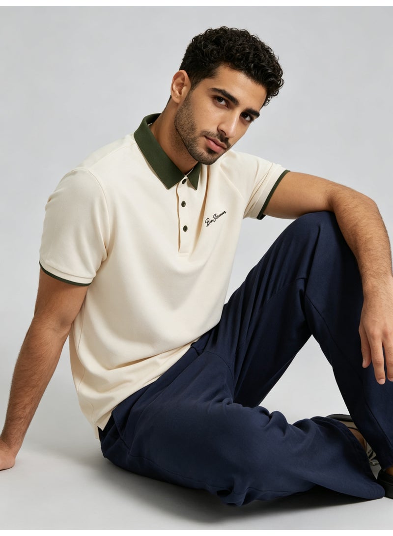 بين شيرمان Ben Sherman Men’s Cream Contrast Olive Collar Embroidered Short Sleeve Polo Shirt - Image 5