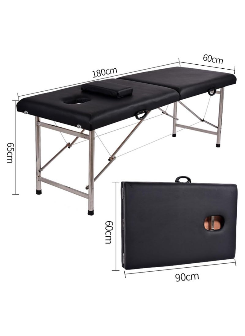 brunson - Portable Massage Bed Foldable Massage Tables with Pillow SPA Bed with Stainless Steel Frame 2 Fold Black for SPA Salon Tattoo Massage Therapeutic Treatment Massage Table Adjustable Table 180cm Long 70cm Wide 2 Fold PU Portable Salon Massage Bed - Image 1
