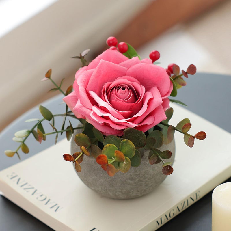 mizii DIY Small Artificial Flowers Potted Kit Fake Flower Realistic Silk Rose and Greenery with Vase for Gifts Table Centerpiece Mantle Office Desk Shelves Living Room Decorations (Pink) - Image 1