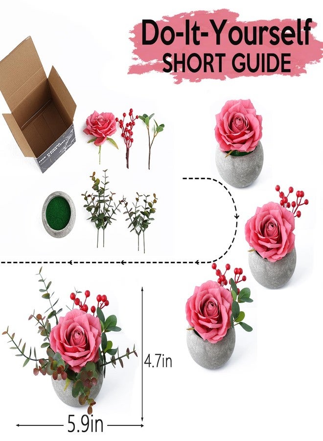 mizii DIY Small Artificial Flowers Potted Kit Fake Flower Realistic Silk Rose and Greenery with Vase for Gifts Table Centerpiece Mantle Office Desk Shelves Living Room Decorations (Pink) - Image 3