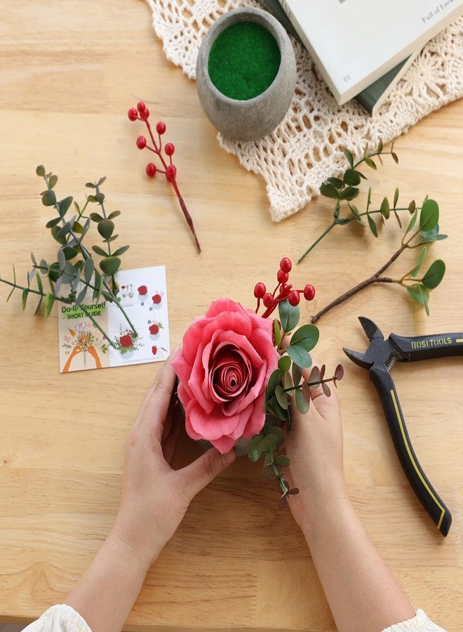 mizii DIY Small Artificial Flowers Potted Kit Fake Flower Realistic Silk Rose and Greenery with Vase for Gifts Table Centerpiece Mantle Office Desk Shelves Living Room Decorations (Pink) - Image 2