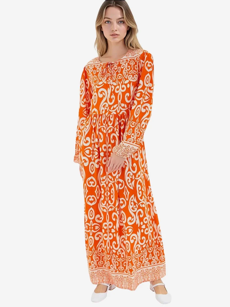 Big Dart Multicolor BDART Patterned Maxi Dress with Tie Detail for Women | Best Price UAE