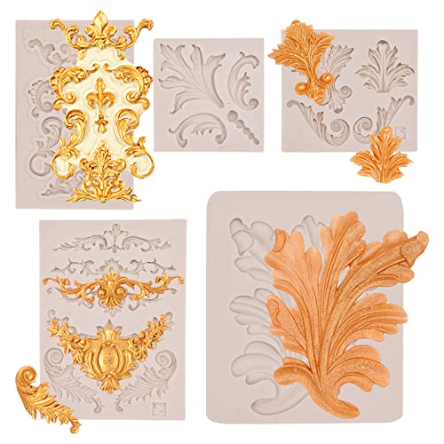 muyulin Baroque Feather Relief Candy Chocolate Silicone Molds (5 Pcs) European Embossed Pattern Petal Fern Leaf Fondant Molds For Making Cupcake Toppers Candy Sugar Craft Gum Paste, Polymer Clay Resin Mold. - Image 1