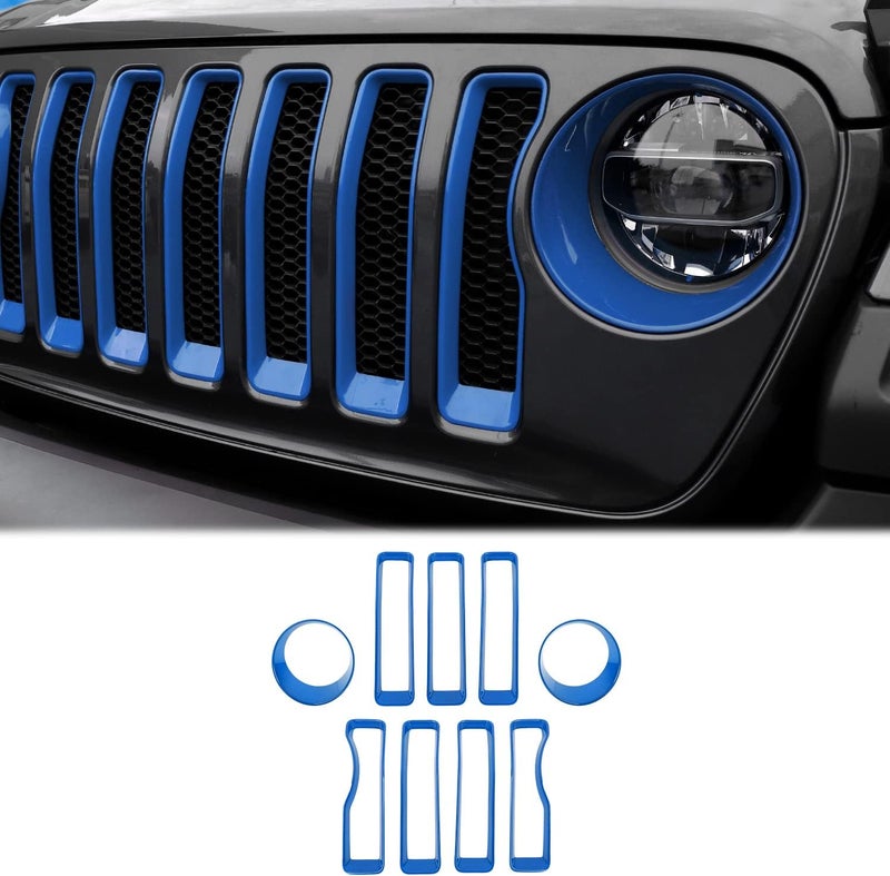 CheroCar Blue Mesh Grille Insert & Headlight Cover Trim for Jeep Wrangler JL 2018-2022 - Image 1