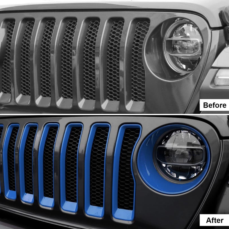 CheroCar Blue Mesh Grille Insert & Headlight Cover Trim for Jeep Wrangler JL 2018-2022 - Image 2