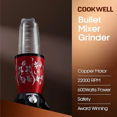 Cookwell Bullet Mixer Grinder (5 Jars, 3 Blades, Red) - Copper, 600 Watts - 2 Years Warranty - Image 2