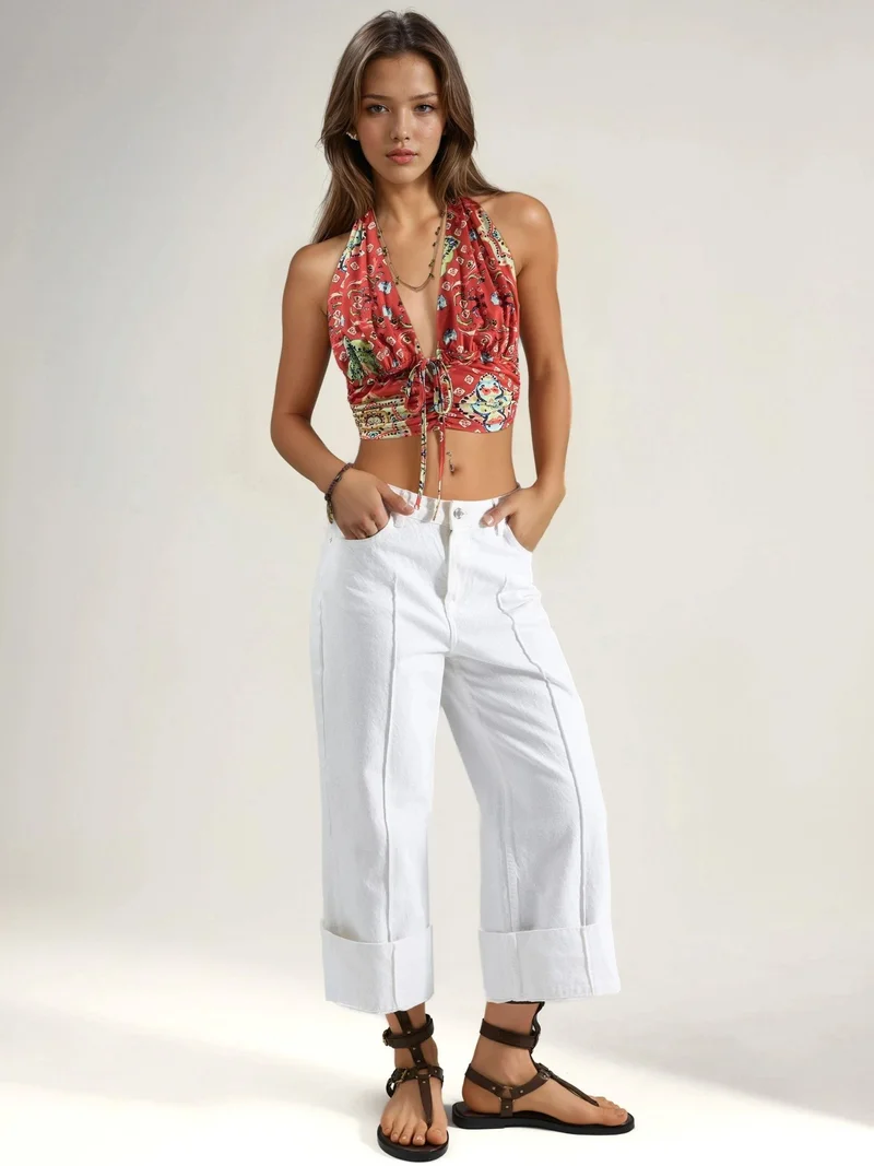 Hiccup Red Patterned Ruched Crop Top for Women | Best Price UAE