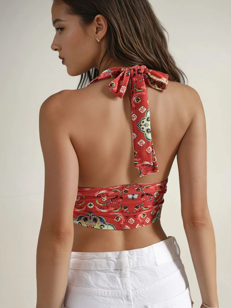 Hiccup Red Patterned Ruched Crop Top for Women | Best Price UAE