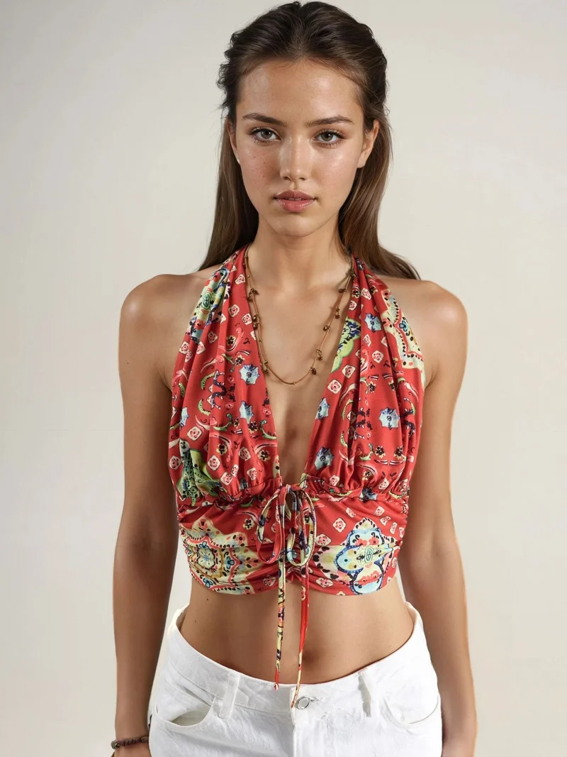 Hiccup Red Patterned Ruched Crop Top for Women | Best Price UAE