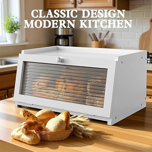 LOHASOK Bread Box for Kitchen Countertop Large Farmhouse Bread Container Bread Storage with Window Wooden Bread Holder White - Image 3