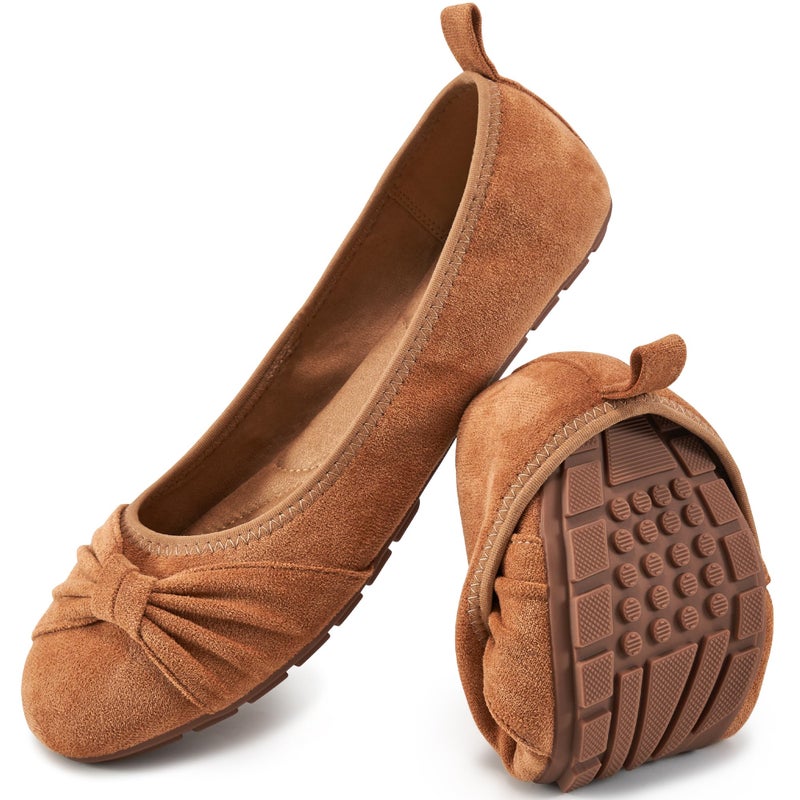 Ecetana Womens Flats Shoes Dressy Round Toe Bowknot Suede Foldable Comfortable Casual Slip On Ballet Loafers Light Brown