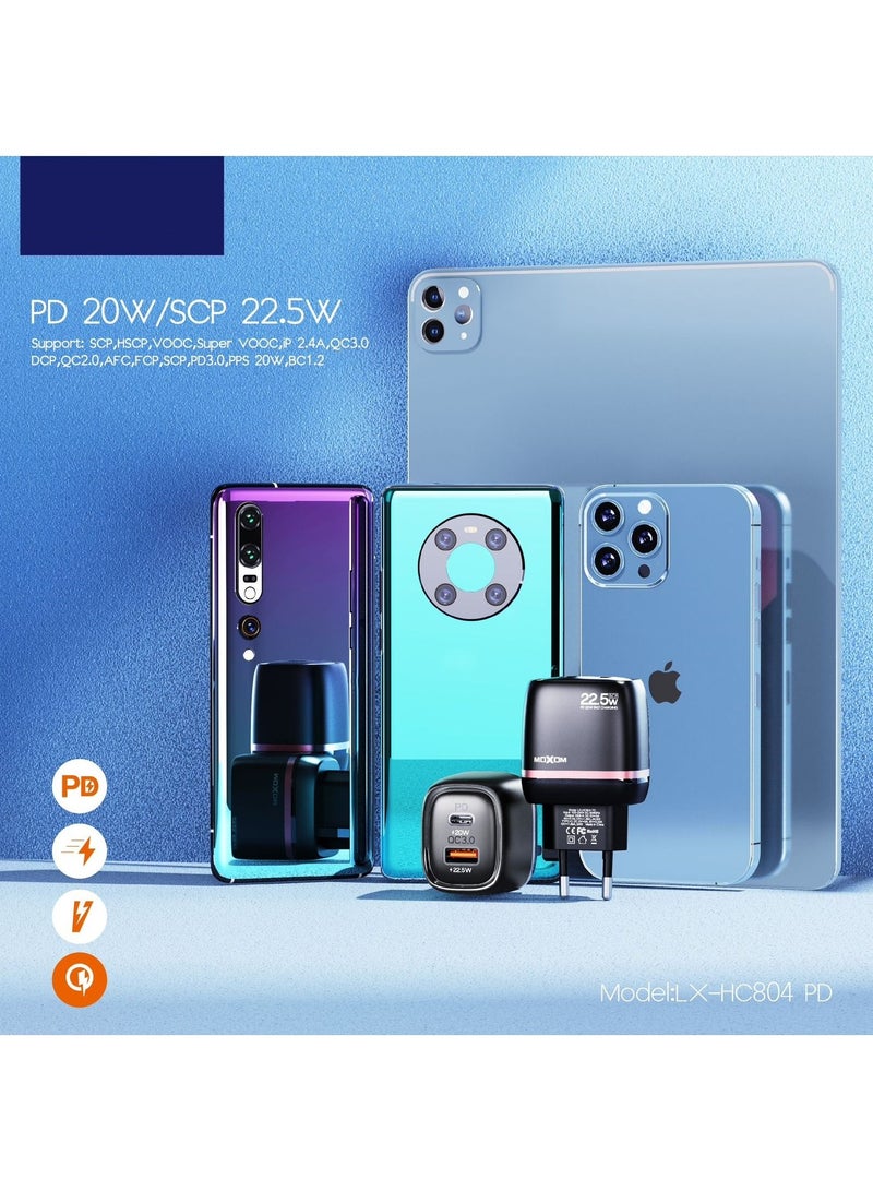 MOXOM 22.5W Dual Port Fast Charger With PD Support Black LX-HC804 PD - Image 4