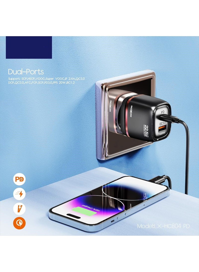 MOXOM 22.5W Dual Port Fast Charger With PD Support Black LX-HC804 PD - Image 2