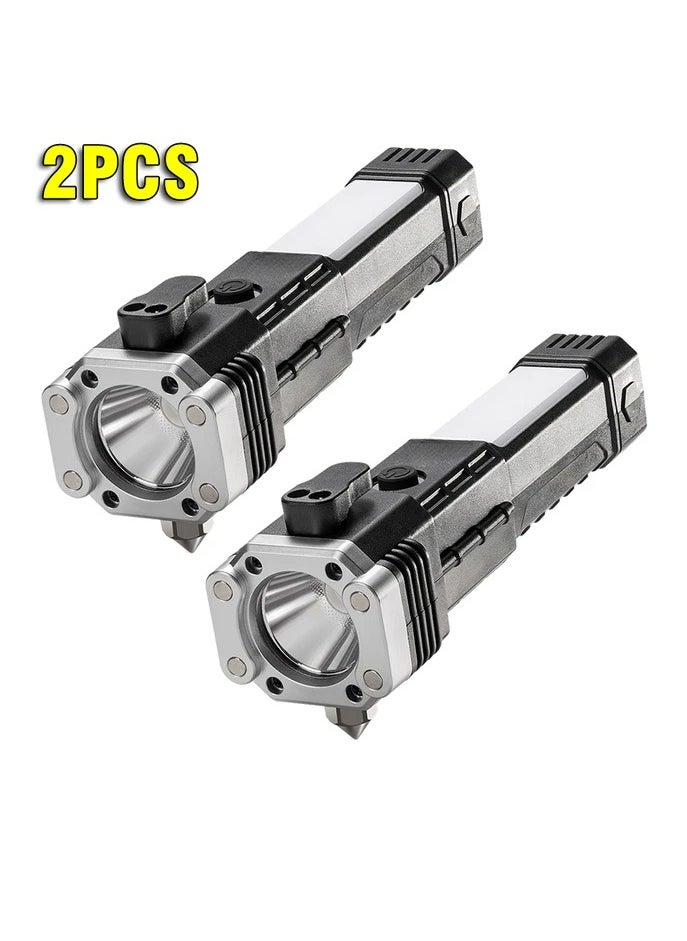 AROAQ Portable Flashlight, Super Bright 4 In 1 USB Rechargeable Flashlight, Multifunctional Strong Light Camping Torch, Durable And Powerful COB Searchlight For Home Outdoor Camping, (2pc, Silver)  - Image 1