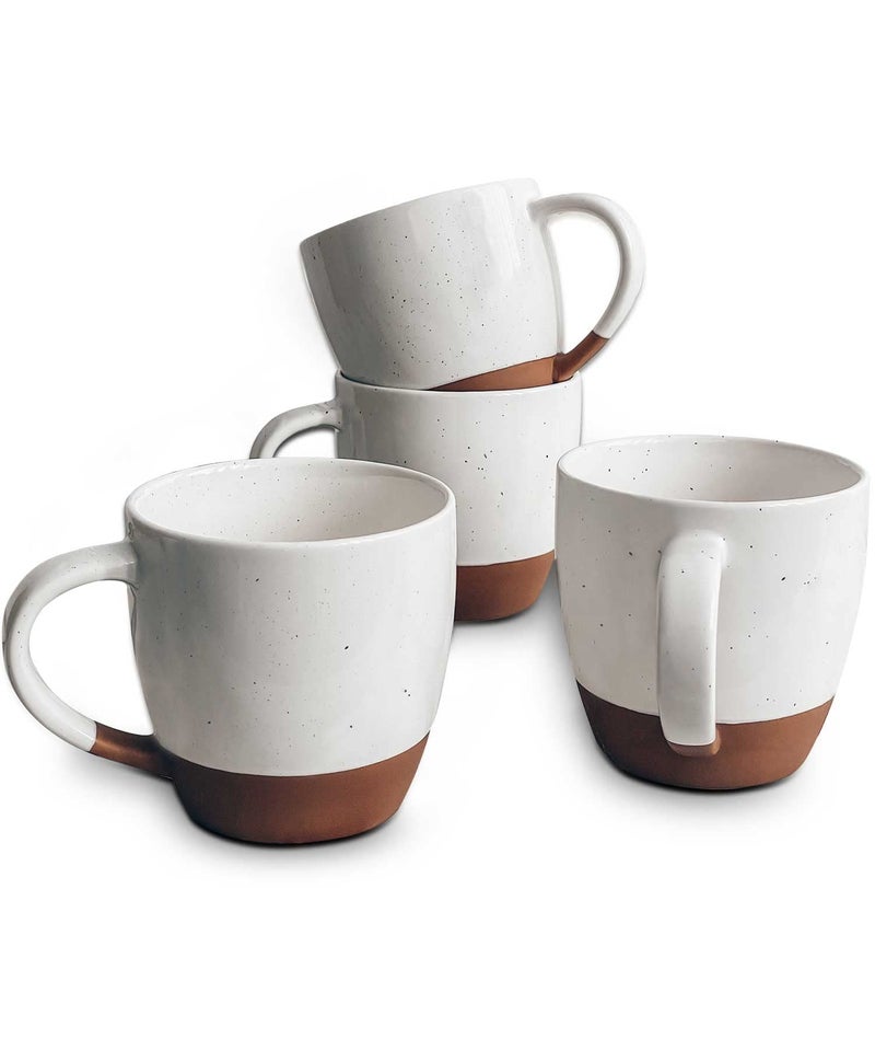 Mora Ceramic Large Latte Mug Set of 4, 16oz - Microwavable, Porcelain Coffee Cups With Big Handle - Modern, Boho, Unique Style For Any Kitchen. Microwave Safe Stoneware - Vanilla White - Image 1