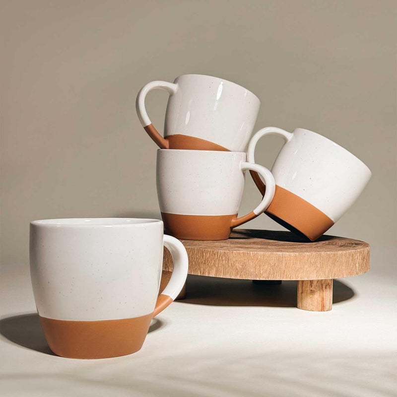 Mora Ceramic Large Latte Mug Set of 4, 16oz - Microwavable, Porcelain Coffee Cups With Big Handle - Modern, Boho, Unique Style For Any Kitchen. Microwave Safe Stoneware - Vanilla White - Image 5