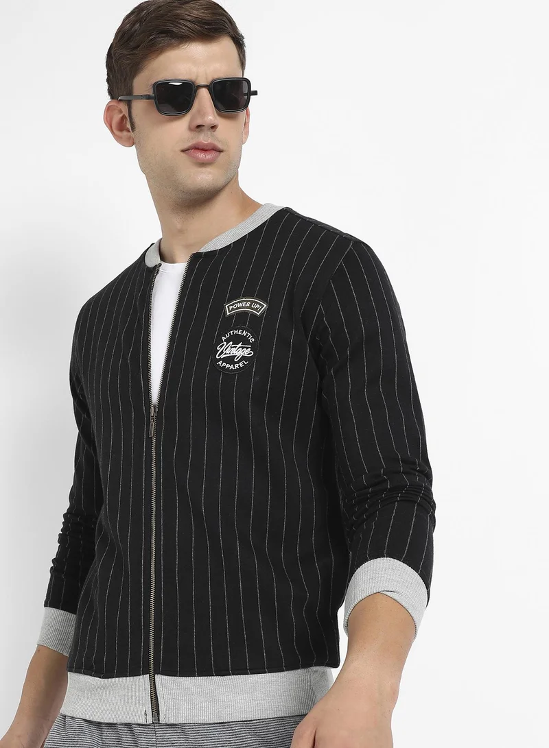 Men's Midnight Black Applique-Striped Knit Bomber Jacket
