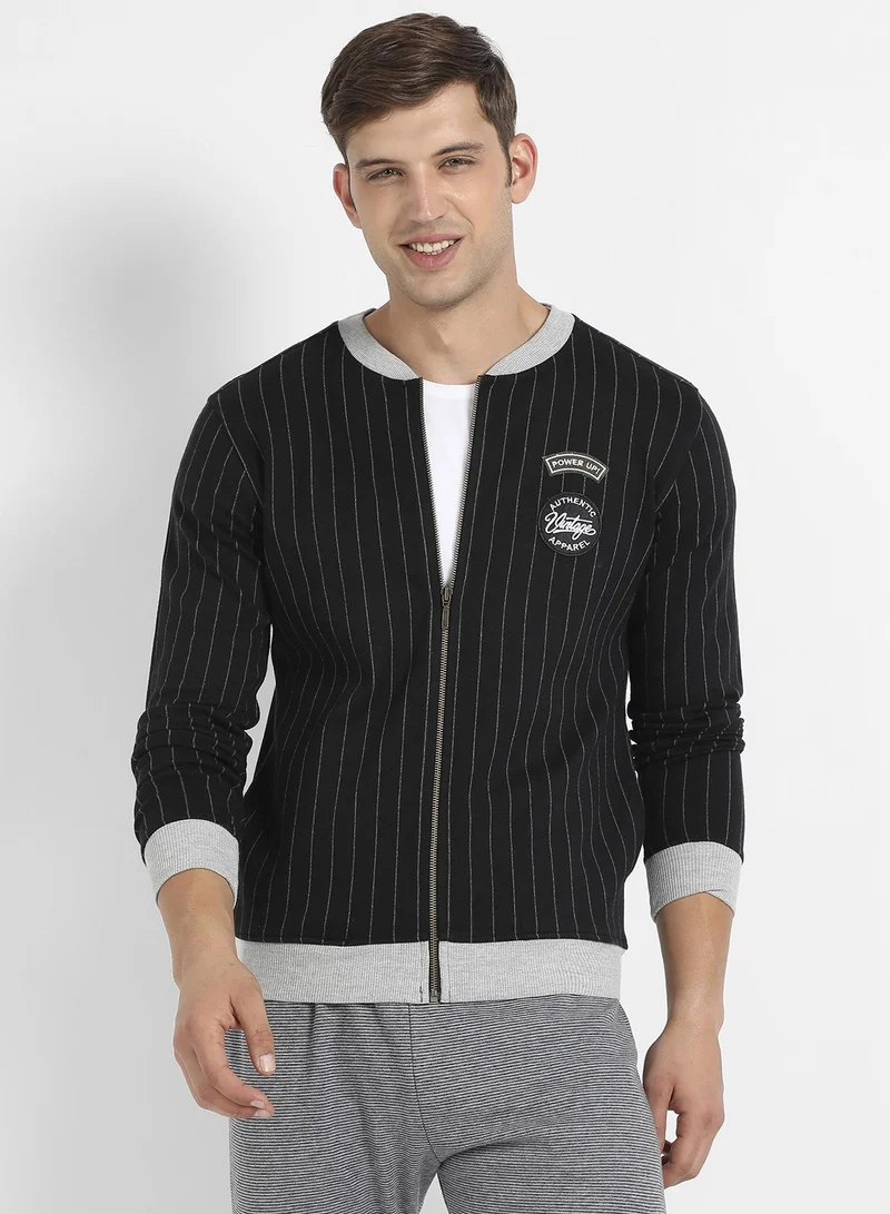Campus Sutra Men's Midnight Black Applique-Striped Knit Bomber Jacket