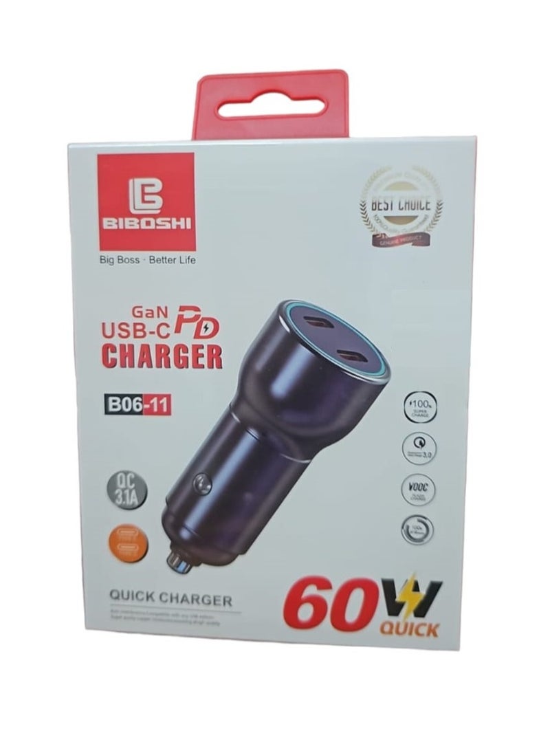 Fast Car Charger with Two PD and USB Ports 60 Watts from Biboshi