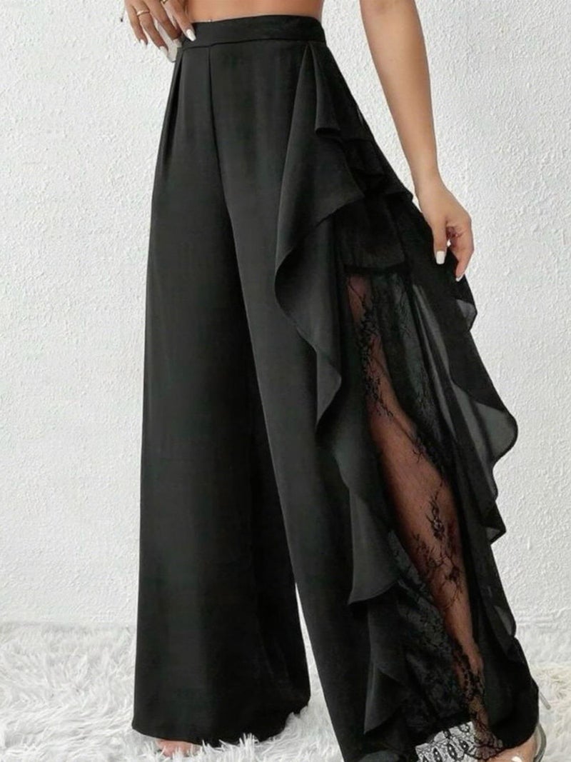 Women's High Waist Split Lace Mesh Trim Wide Leg Pants Flowy Fashion Trousers - Image 1