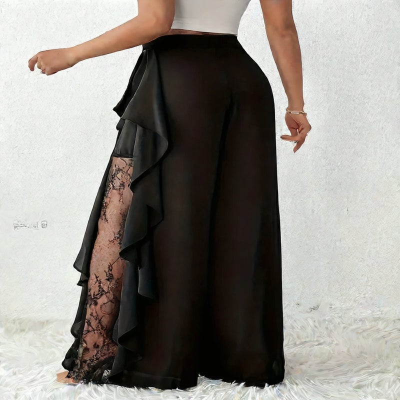 Women's High Waist Split Lace Mesh Trim Wide Leg Pants Flowy Fashion Trousers - Image 3