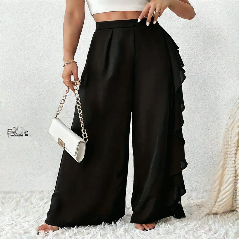 Women's High Waist Split Lace Mesh Trim Wide Leg Pants Flowy Fashion Trousers - Image 4
