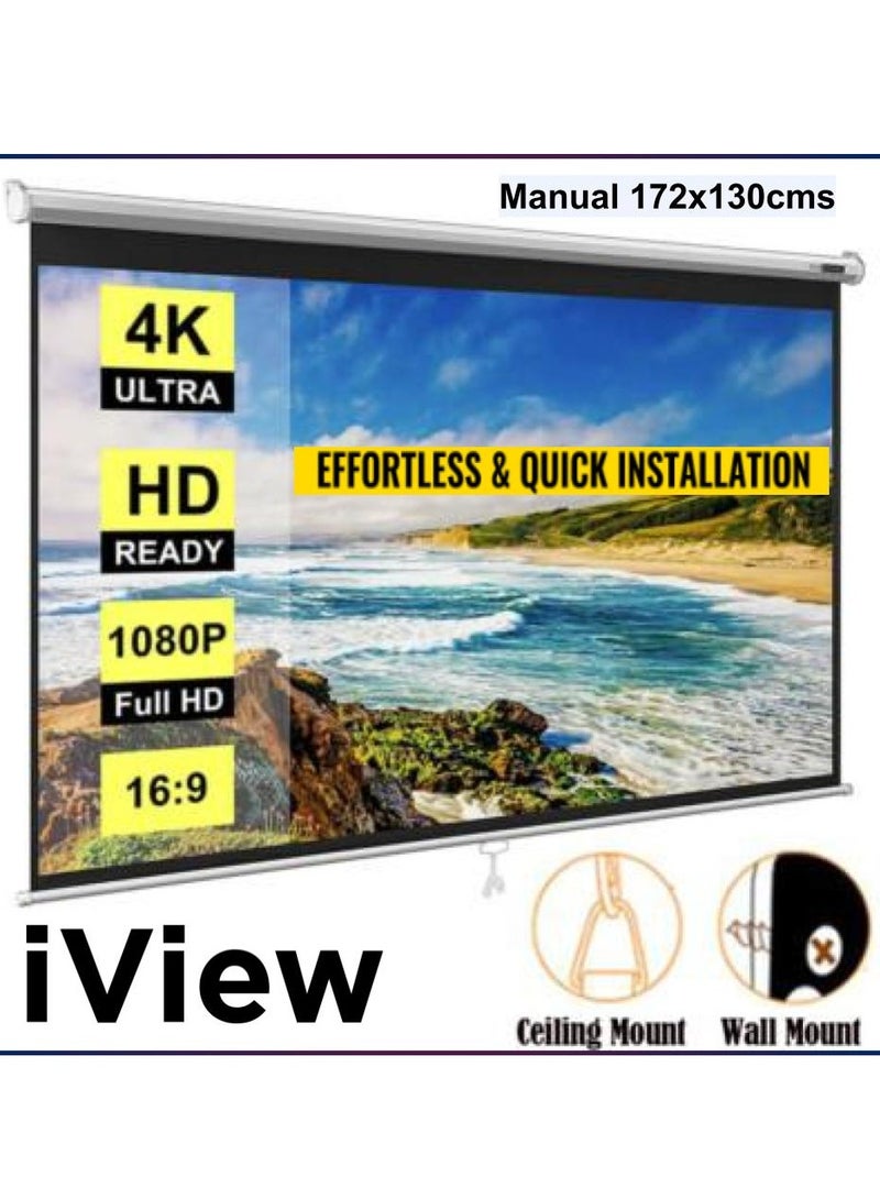 iView 172×130 cm (86″) Manual Pull‑Down Projection Screen – 4:3 Format, MaxWhite Matte Surface, Spring Auto‑Lock, Dual Wall/Ceiling Mount, Black Masking Borders - Image 1