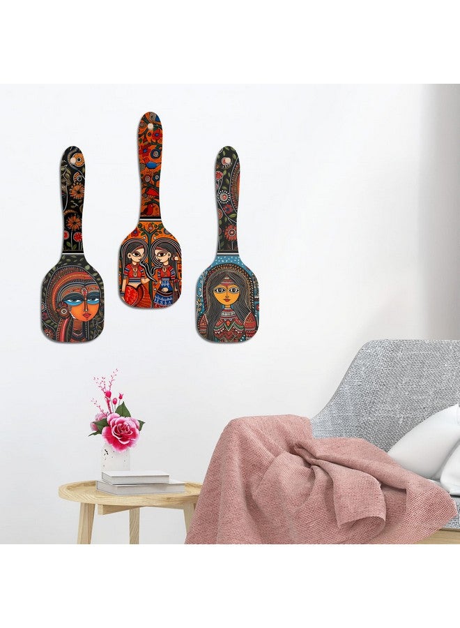 Artvibes Madhubani Women Portrait Wooden Wall Hanging Decoration Items for Home | Bedroom | Mdf Designer Artwork Decorative for Living Room| Stylish Modern Decor Item for Hall (WH_11001N) (Set of 3) - Image 3