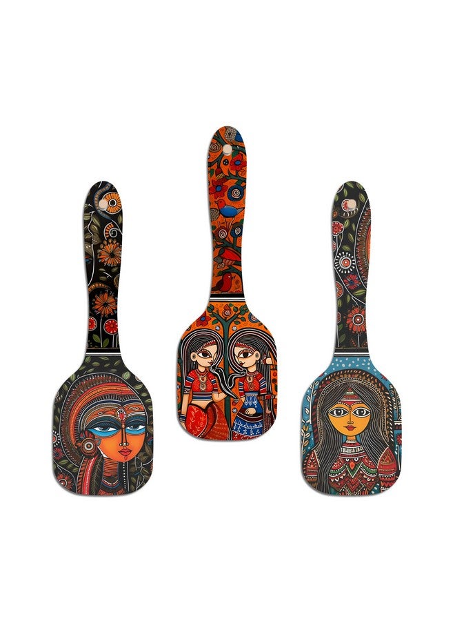Artvibes Madhubani Women Portrait Wooden Wall Hanging Decoration Items for Home | Bedroom | Mdf Designer Artwork Decorative for Living Room| Stylish Modern Decor Item for Hall (WH_11001N) (Set of 3) - Image 4