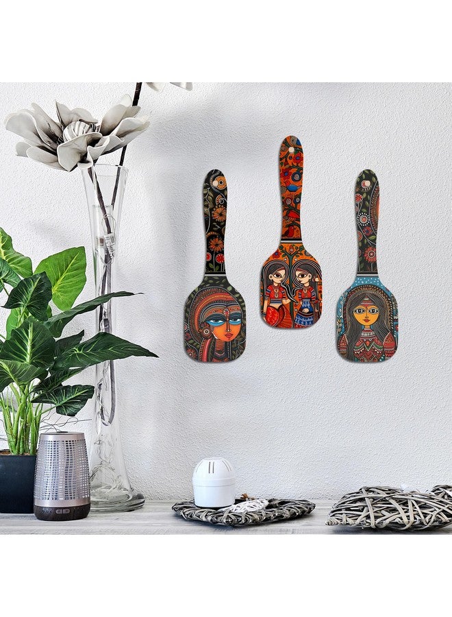 Artvibes Madhubani Women Portrait Wooden Wall Hanging Decoration Items for Home | Bedroom | Mdf Designer Artwork Decorative for Living Room| Stylish Modern Decor Item for Hall (WH_11001N) (Set of 3) - Image 1