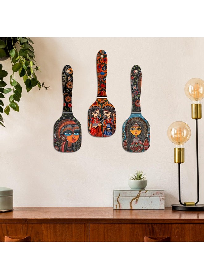 Artvibes Madhubani Women Portrait Wooden Wall Hanging Decoration Items for Home | Bedroom | Mdf Designer Artwork Decorative for Living Room| Stylish Modern Decor Item for Hall (WH_11001N) (Set of 3) - Image 2