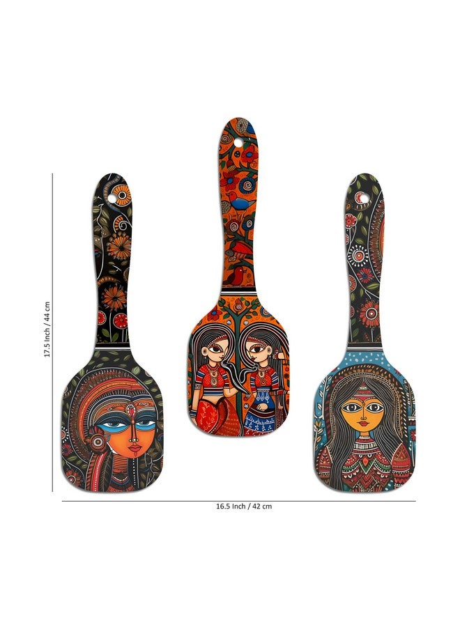 Artvibes Madhubani Women Portrait Wooden Wall Hanging Decoration Items for Home | Bedroom | Mdf Designer Artwork Decorative for Living Room| Stylish Modern Decor Item for Hall (WH_11001N) (Set of 3) - Image 5